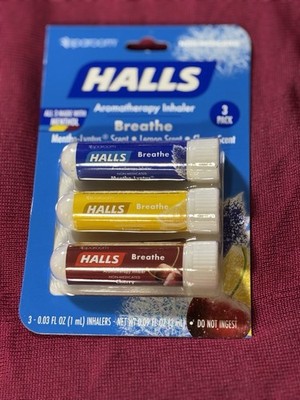 a pack of two Halls Breathe Aromatherapy Inhalers in Cherry, Lemon, Mint Scent