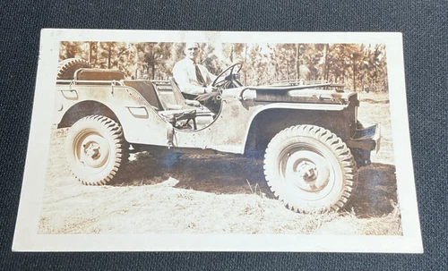 Vintage Snapshot Photo Post WW2 Military Willys MB Ford Jeep Man in Tie Posing