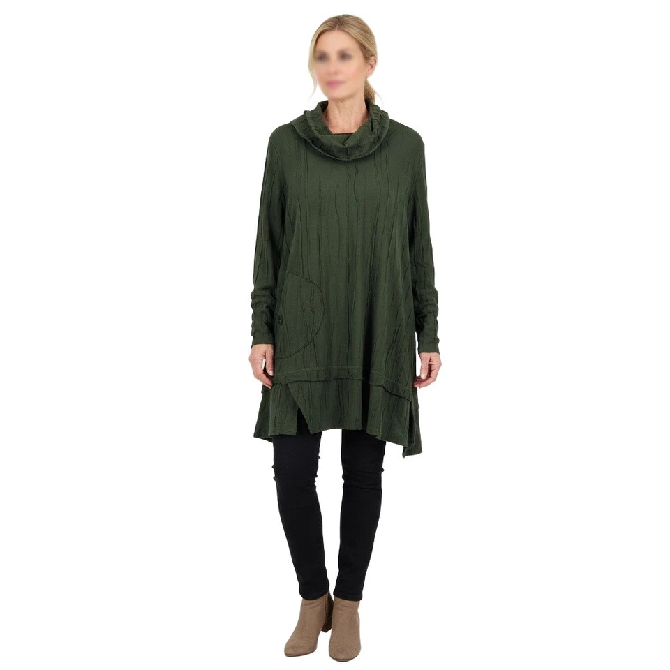 Top túnica Habitat Lagenlook grande verde oscuro bohemio artístico capucha cuello texturizado Foto 2 de 4