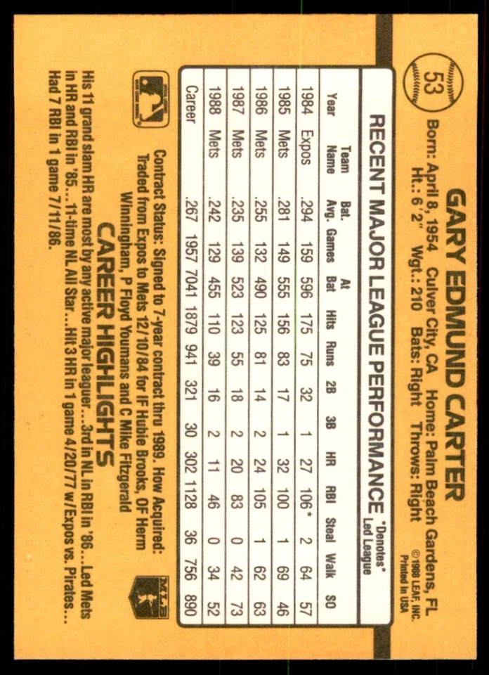 1989 Donruss Gary Carter Baseball Cards #53 - Image 2 of 2