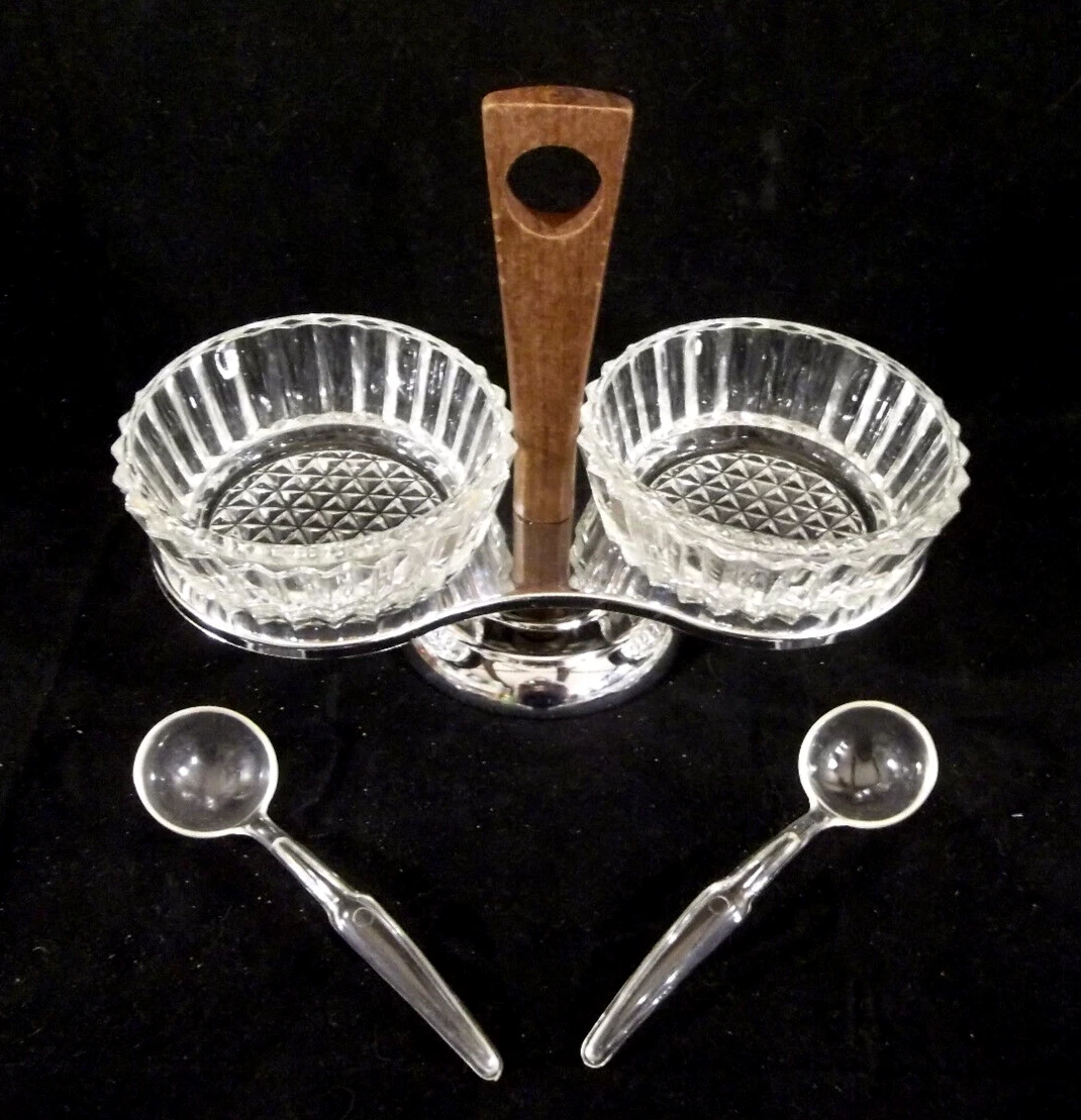 Kromex Clear Glass Dip/Sauce/Condiment Caddy with 2 Bowls and 2 Acrylic Ladles