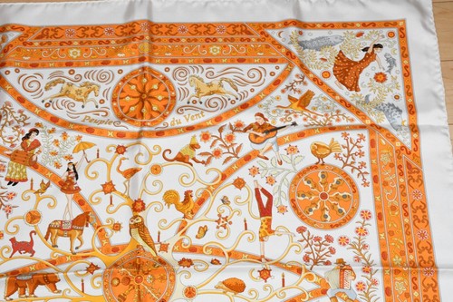Hermes Scarf Peuple du Vent Silk 90 cm white orange wind Carre 35" - Picture 5 of 11
