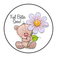30 FEEL BETTER SOON TEDDY BEAR STICKERS ENVELOPE SEALS LABELS 1.5" ROUND FLOWER