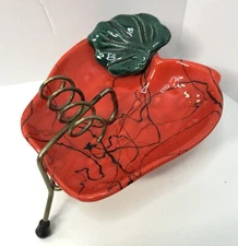 Vintage Ceramic Red Apple or Bell Pepper Ashtray w/ Metal Wire Stand MCM