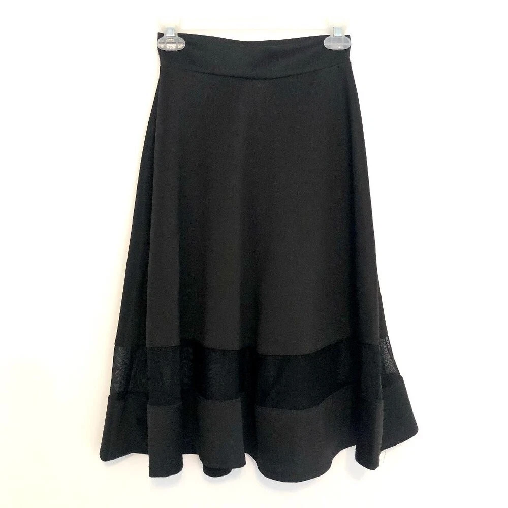 SILHOUETTE NYC Solid Black Pull On Mesh Stripe Midi A Line Skirt