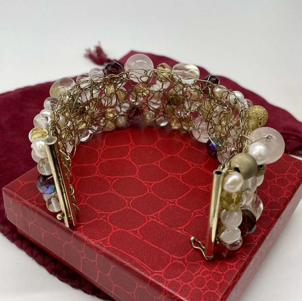 Bracciale donna elegante vintage in argento 925 dorato pietre e perle irregolari - Immagine 3 di 4