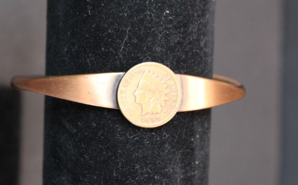 Brazalete de cobre macizo con cabeza de indio de 1897 hecho a mano de colección artritis 6,25 Foto 3 de 3