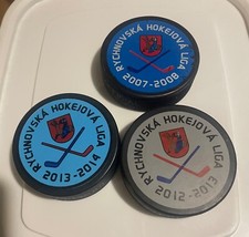 3- Rychnovska Hokejova Liga Hockey League PUCKS , from CZECH REPUBLIC ,game used