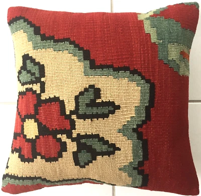 Kelim Kissen Alte Orientalisches Handgewebt Rot Grün Pillow Almohad a Cushion - Bild 1 von 4