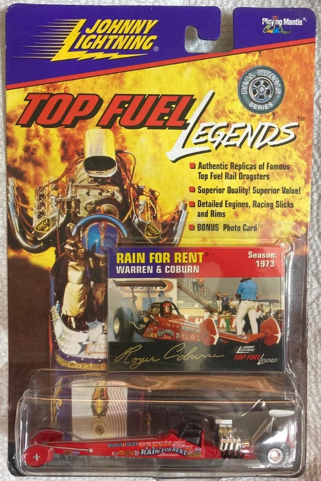 JOHNNY LIGHTNING 1973 WARREN & COBURN "RAIN FOR RENT" NHRA TOP FUEL DRAGSTER MOC - Image 3 of 3