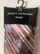 NWT Stacy Adams Men's Tie  Hanky Set Burgundy Charcoal Blue Silver Striped 3.5  
