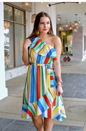 Aura Rainbow Stripe One Shoulder Ruffle Colorful Party Beachy Dress L