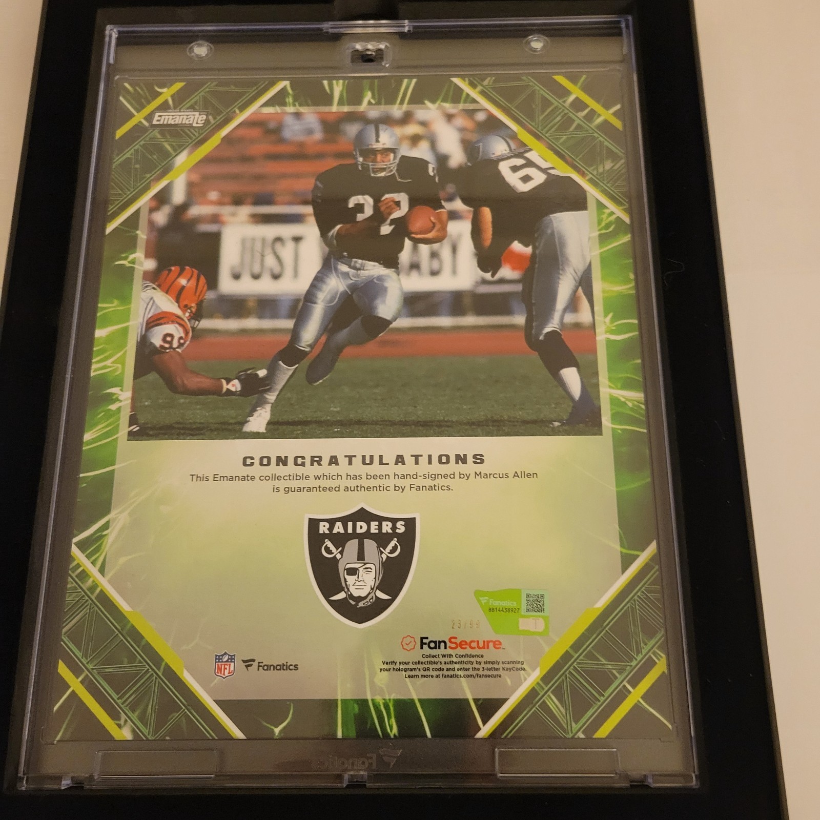 Marcus Allen 2025 FANATICS UNDER WRAPS EMANATE FOOTBALL 8X10 AUTO BY 23/99 