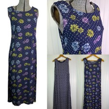 VINTAGE 90s SAG HARBOR Reversible Floral Maxi Dress S Polka Dots Blue Sleeveless