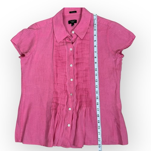 Talbots Pink Linen Blend Short Sleeve Button Down Shirt Pleated Detail Womens PS - Picture 7 of 9