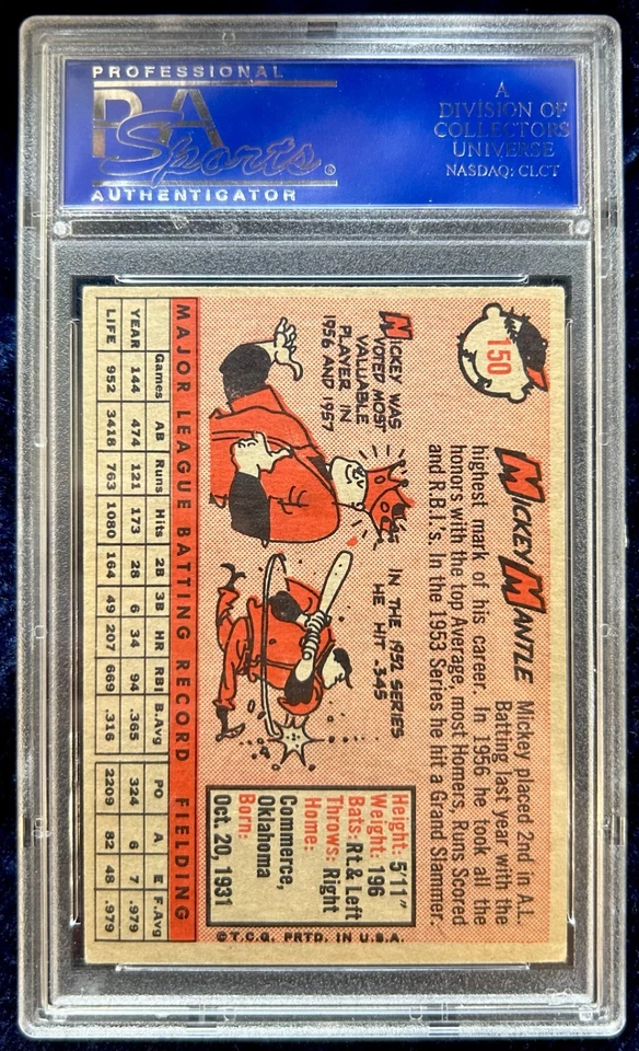 Tarjeta de béisbol Mickey Mantle 1958 Topps #150. PSA 5. Excelente. *Centrado* Foto 2 de 2