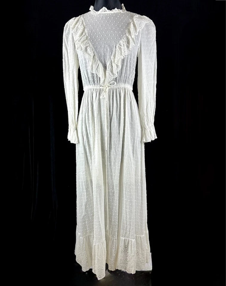 Halloween Costume Prairie Wedding Dress S/M White Dotted Swiss Maxi Long Sleeves - Image 2 of 4