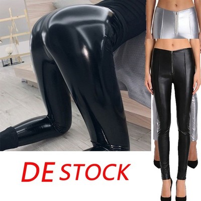 DE Damen PU Leder Leggings Glänzend Skinny Tights Mit Zipper Party Nachtclub