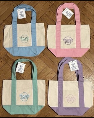 Trader Joe's Mini Pastel Canvas Tote Bag Foldable Multicolor Set of 4