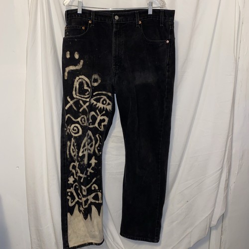 Levi’s 505 Jeans 36x30 Black Denim Custom Bleach Art Distressed Y2K 2001 Vintage - Picture 1 of 12
