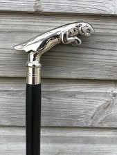 Jaguar Head Handle Walking Stick Cane Solid Wooden Black Vintage Style Handmade;
