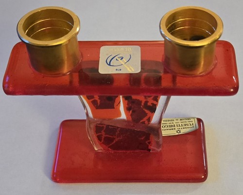 Glass Of Venice Red And Gold Tone Murano Glass Shabbat Candle Holder With Labels - Picture 2 of 8