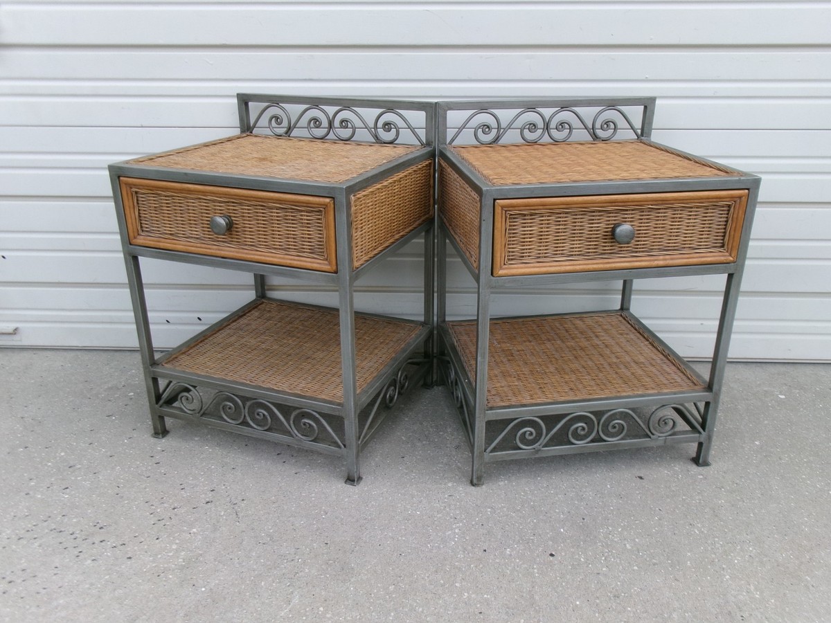 Pier 1 Wicker ナイトスタンド サイドテーブル 籐 メタル ラタン 2 Wicker Pier 1 One Nightstands Bed Side Table Rattan Boho Pair