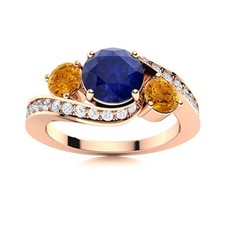 925 Sterling Silver Rose Plated Blue Sapphire  Citrine Three Stone Women Ring