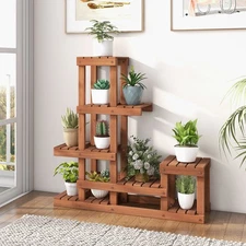 Flower Shelf Rack Multi-layer Wood Plant Stand with High Low Structure