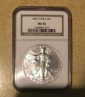 2001 $1 AMERICAN SILVER EAGLE NGC MS70 BROWN LABEL SOAPBOX HOLDER