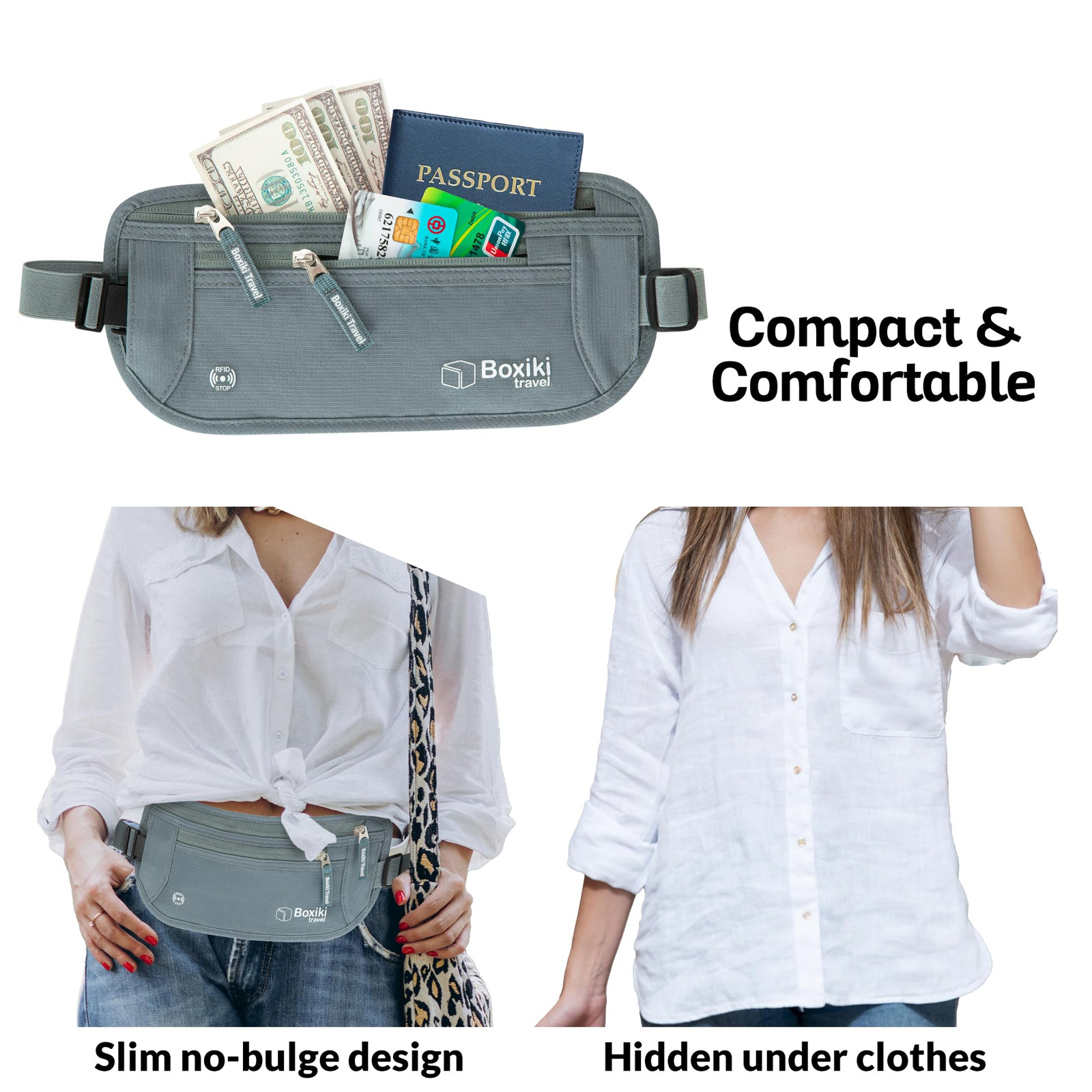 , Gray Money Belt + RFID Sleeves Set of 8 Pcs | RFID Blocking Secure Waist Ba...