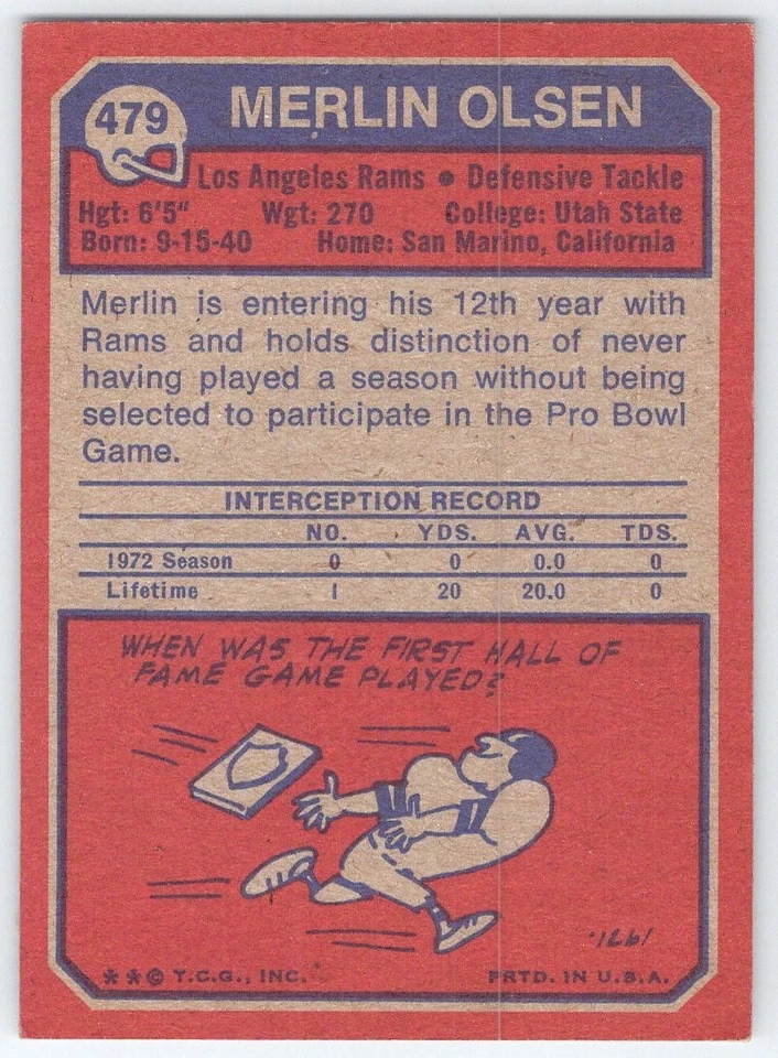 Merlin Olsen Rams 1973 Topps #479 Defensive Tackle Football Card - Image 2 of 2