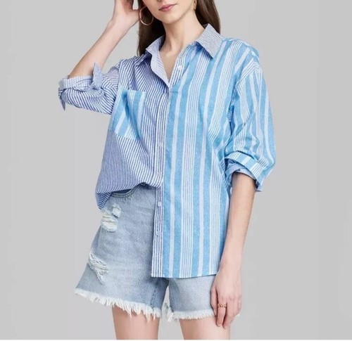 Women’s Wild Fable Oversized Long Sleeve Button Down Top Blue Stripe S