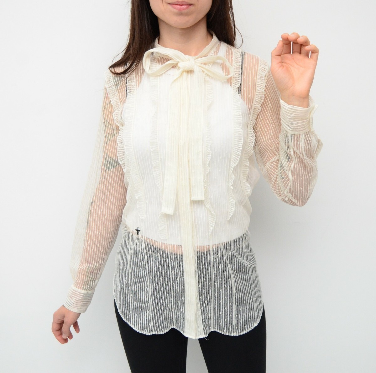 Womens Christian Dior Sheer Blouse Botton T Shirt Mesh Top Size 36 