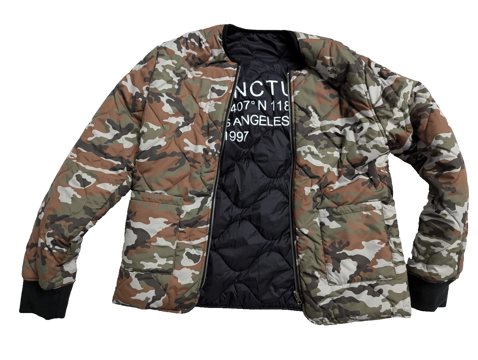 Sanctuary Men's Reversible Black Camo Quilted Puffer Packable Jacket Coat Medium