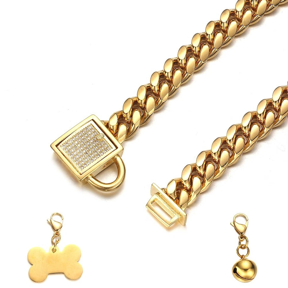 Collar de perro cadena de eslabones cubanos de acero inoxidable tono dorado de 10/14/18 mm para perros S,M,L Foto 4 de 4
