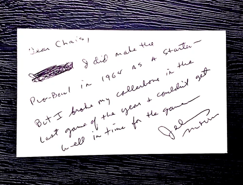 JOHNNY MORRIS BEARS SIGNED AUTOGRAPHED INDEX CARD 3X5 NOTE ABOUT 1964 PRO BOWL