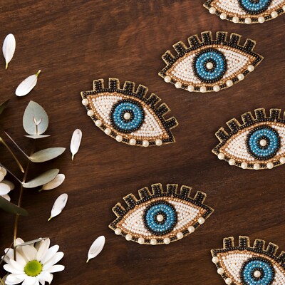 Blue Eye Trendy - Evil Eye Hand-Embroidery Bead Patch Applique Pair