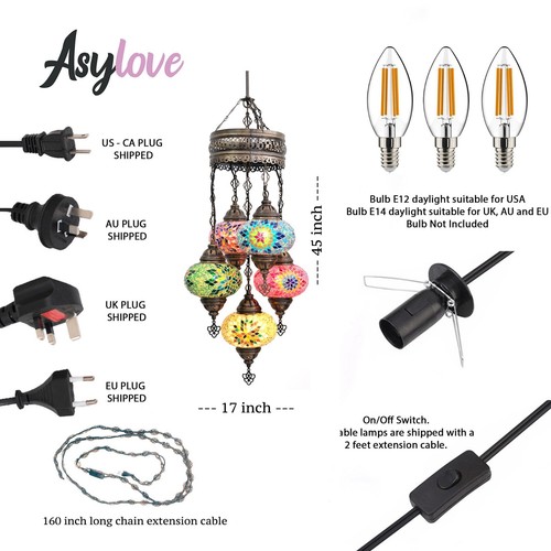 Türkische Pendelleuchte, Asylove Mosaik marokkanisch 7 Zoll Globe Lampe, Hängelampe - Bild 4 von 29