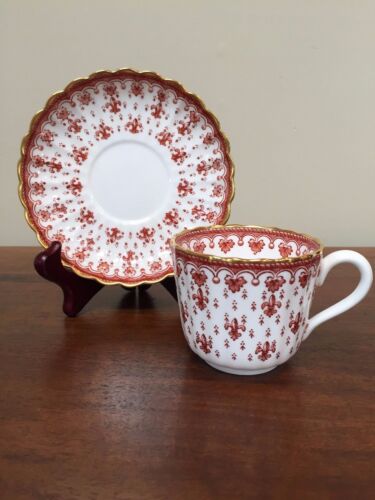 Spode FLEUR DE LYS Red Bone China 2 ½” Flat Cup & Saucer ~  Set of 5 - Picture 1 of 8