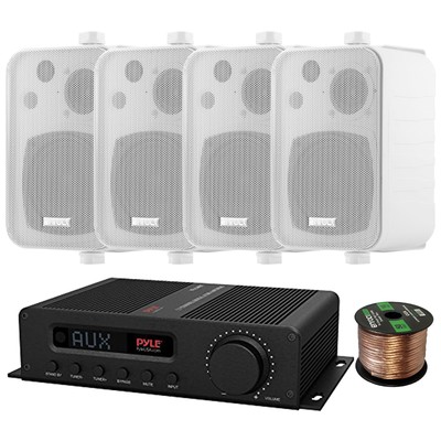 Pyle PFA540BT 5-Channel Bluetooth/FM Amp Receiver, 4x 4'' 30W White Speakers,Wire