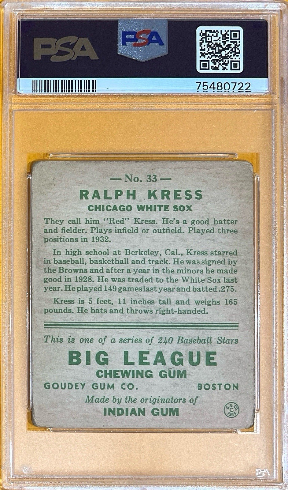 1933 Goudey - #33 RALPH KRESS - PSA 2 view 2