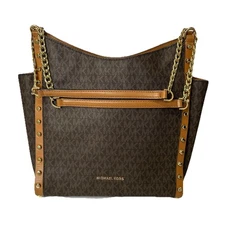 EUC MICHAEL KORS Newbury Medium Chain Stud Shoulder Bag MK Signature BROWN