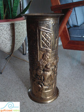 Vintage Brass Repousse Umbrella Stand English Tavern Pub Scene
