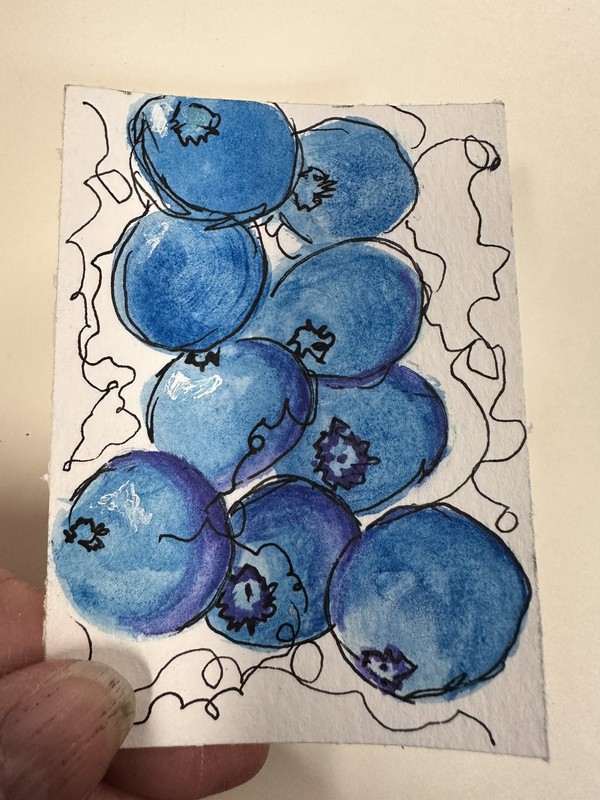 ACEO Art Card Signed Original Watercolor 2.5x3.5 Blueberries Kitchen Gift