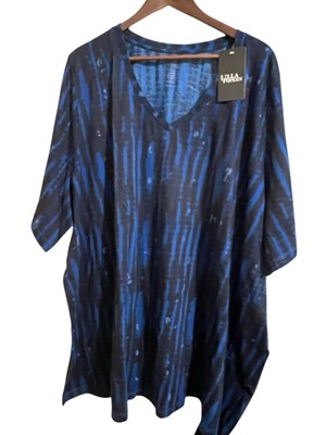 NWT Ulla Popken Blue Black Tunic V-neck Short Sleeve Top Tie Dye Plus Size 32/34