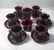 1960s Portmeirion Brown Jupiter 6 Coffee Cups & Saucers Milk Jug Sugar bowl