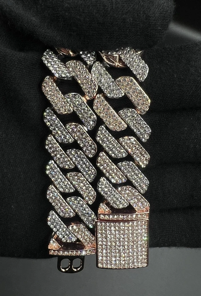 "Cadena de eslabones cubanos chapada en plata y oro rosa VVS1/Moissanita 24"" x 19 mm helada" Foto 4 de 4