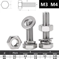 M3 HEX HEAD BOLTS HEXAGON BOLT+HEX NUTS+WASHERS A4 MARINE GRADE STAINLESS STEEL