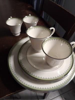 Pickard China Marquis 3 Salad  Plate Green Band Platinum Trim 4 dinner 4 cups